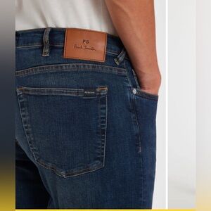 Paul Smith Men's Straight Jeans in Dark Blue Denim with Tan Leather Patch